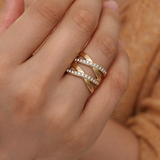 Damenring Gold X-Design mit Zirkonia – Edelstahl 316L